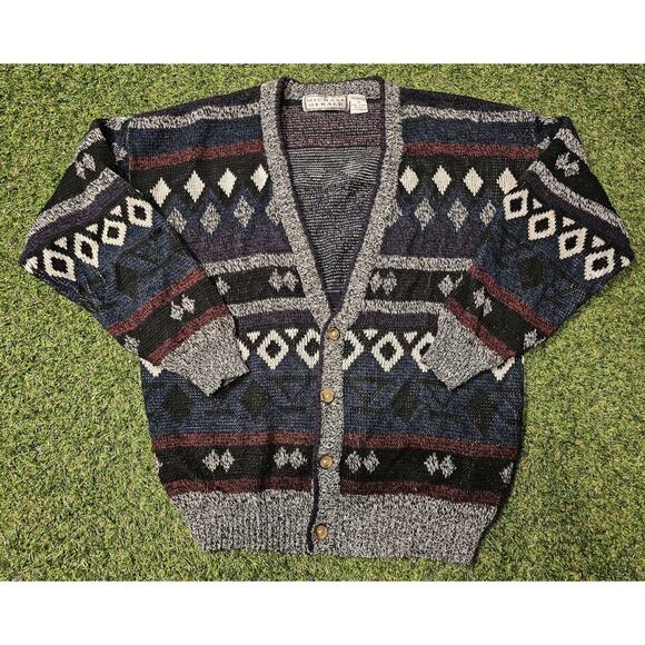 Vintage MICHAEL GERARD Fair Isle Tribal Pattern Knit Sweater 90s Mens Large - Picture 1 of 6